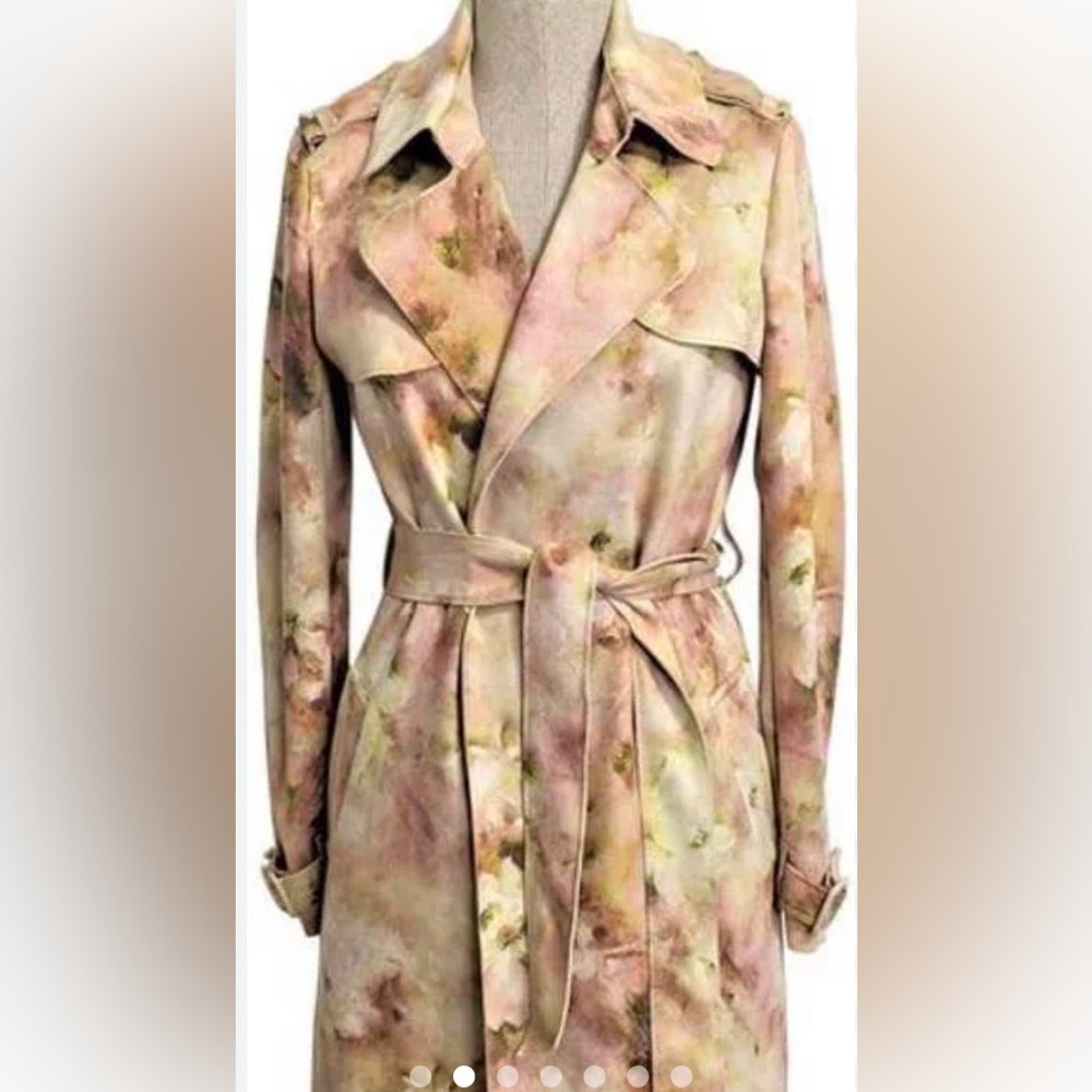 Philosophy Republic Belted Faux Suede Trench Coat Watercolor Floral Womens XL
